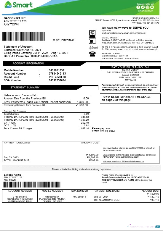 Download Philippines Smart business utility bill Word and PDF template Photoshop template